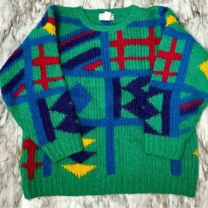 Colorful Geometric Pattern Sweater Vintage Classic 80s Mohair Wool Bold Cosplay